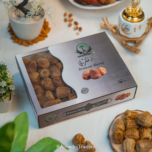 front Packaging of Sukri Dates with clear labeling, displaying the dates' natural sweetness"